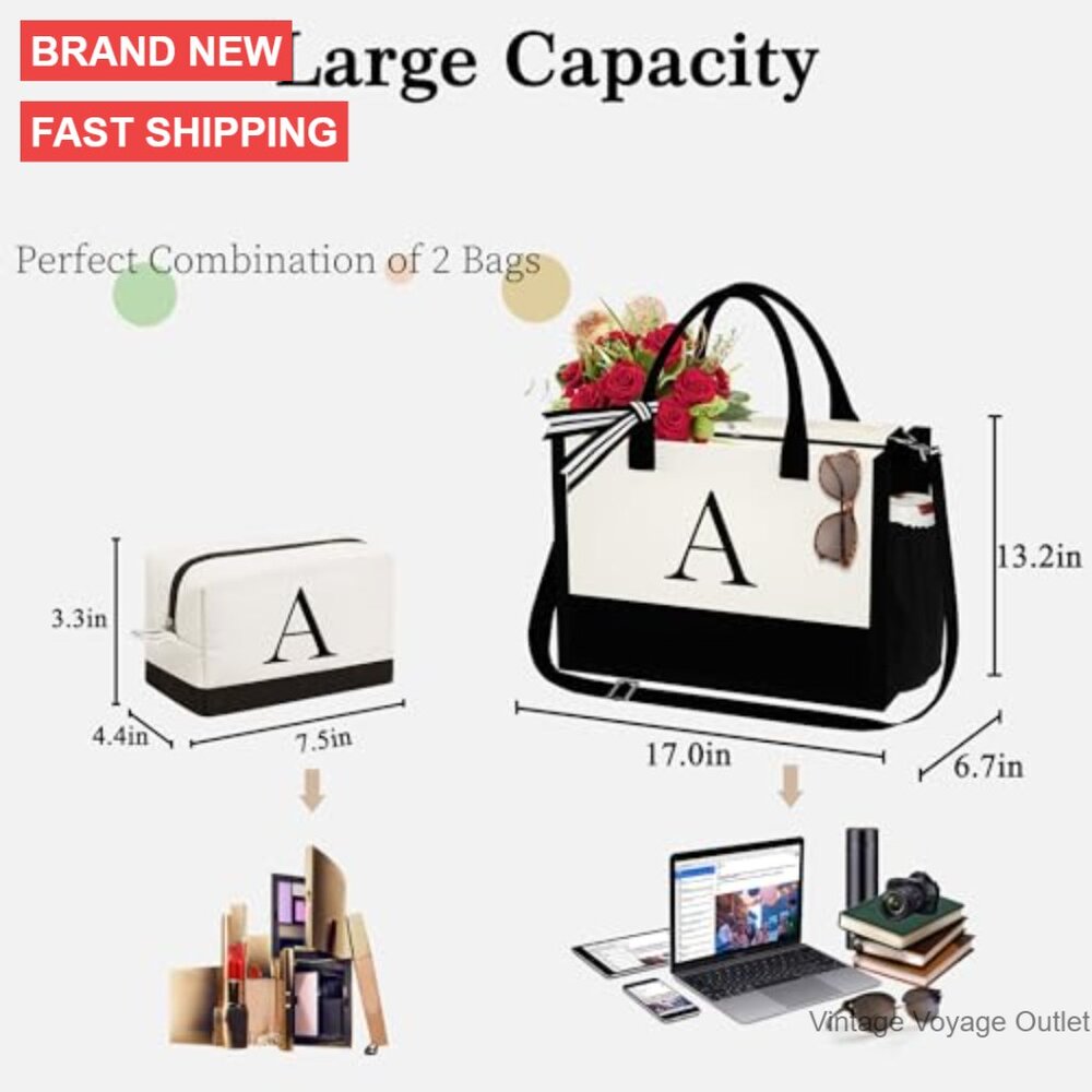 Personalized Initial Tote Bag Set With Makeup Bag… - image 3